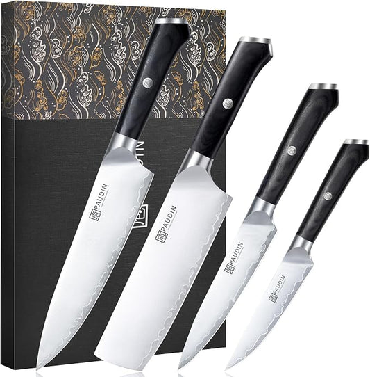 PAUDIN Kitchen Knife Set, Ultra-Sharp Damascus Clad Steel Knives for Meat and Vegetables, Ergonomic Wooden Handle,62 HRC Modern Kitchen Chef Knife Set for Cooking,BBQ,Meal Prep,Gifts for Men and Women