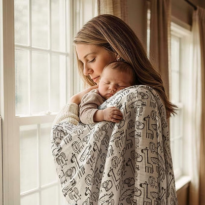 Muslin Swaddle Blankets for Newborn, 4 Pack Cotton Baby Blankets, Large 31.5 x 43.3 inch Breathable Soft Receiving Blanket, Essentials Swaddle Wrap Burping Clothes, Grey Animals