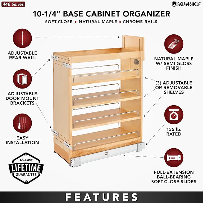 Rev-A-Shelf 10.25" Pullout Storage Organizer for Base Kitchen/Bathroom Cabinets w/Soft-Close Full Extension Slides & Adjustable Shelves, 448-BCSC-9C