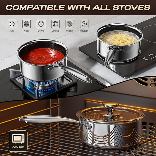 1 Quart Stainless Steel Saucepan with Glass Lid,6 Inch Hybrid Nonstick Sauce Pan,PFAS PFOA PTFE Free,Stay-Cool Handle,Dishwasher-Friendly,Oven-Safe,Small Pots Compatible with All Cooktops