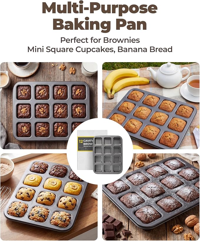 Bake Choice Square Brownie Pan with Dividers, Non Stick Carbon Steel Baking Tray, All Edges Brownie Bite Pan, 1 Pack 12 Cavity, for Individual Brownies, Cupcakes, Muffins, Cookies, Bread