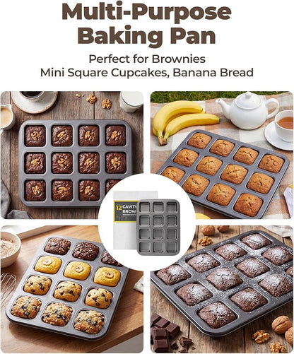 Bake Choice Square Brownie Pan with Dividers, Non Stick Carbon Steel Baking Tray, All Edges Brownie Bite Pan, 1 Pack 12 Cavity, for Individual Brownies, Cupcakes, Muffins, Cookies, Bread