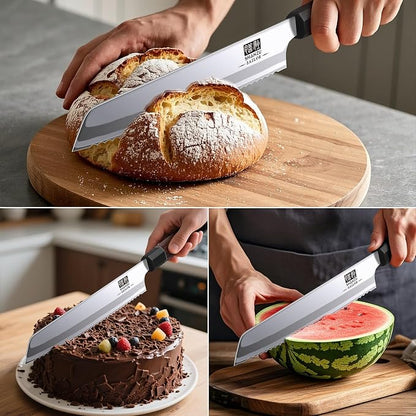 SHAN ZU 8 Inch Japanese Bread Knife, 9 Layers 10Cr15MoV High Carbon Steel Bread Knives for Homemade Bread, Sharp Sourdough Bread Knives Sashimi Knives, Long Serrated Bread Sashimi Knife