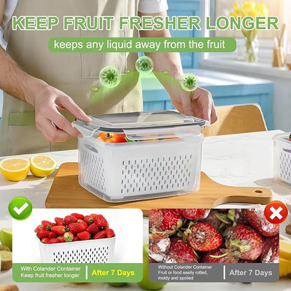 CAPHONT Fruit Containers for Fridge 6 Pcs 2-in-1 Large Fridge Food Storage Container Set with Lids with Strainer 6 Size Clear Vegetable Storage Containers Keep Fruits, Vegetables, Meat Fresh Longer