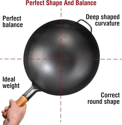 YOSUKATA 14" Carbon Steel Wok with Round Bottom – Pre-Seasoned Pow Wok for Stir Fry – Traditional Chinese Japanese Black Steel Pan – Outdoor Cookware for Gas Stovetops, Open Fire, BBQ, Camping