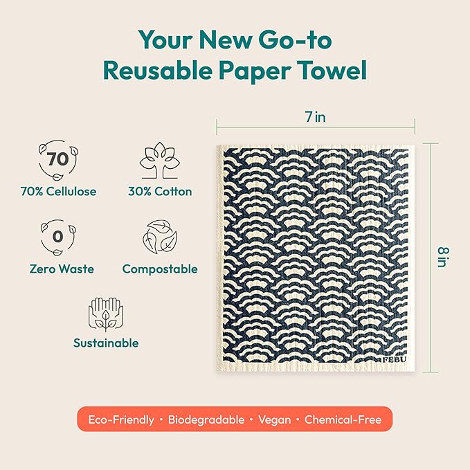 FEBU Swedish Dishcloths for Kitchen | 5 Pack Botanique Reusable Paper Towels Washable | Swedish Dish Towels | Non-Scratch Cellulose Sponge Cloths | No Odor, Biodegradable Cleaning Cloths