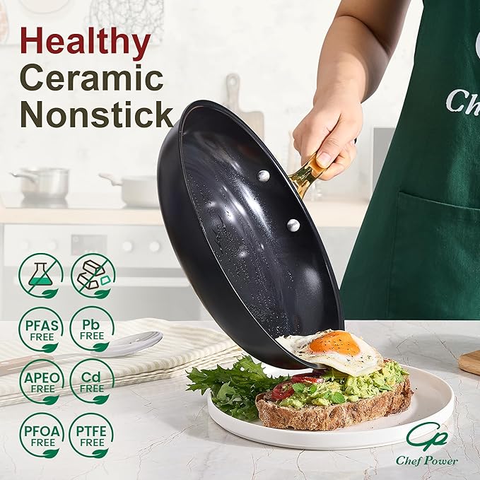 Chef Power Ceramic Cookware Sets, 15Pcs Pots and Pans Set Non Stick, Cookware Set with Stainless Steel Handle, Dishwasher & Oven Safe, Stone Black and Light Gold Handle