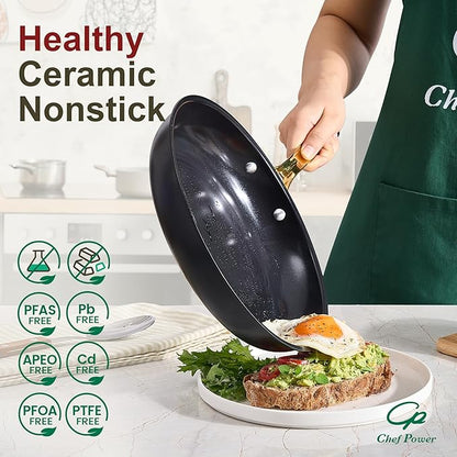 Chef Power Ceramic Cookware Sets, 15Pcs Pots and Pans Set Non Stick, Cookware Set with Stainless Steel Handle, Dishwasher & Oven Safe, Stone Black and Light Gold Handle