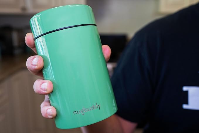Nugbuddy Airtight Storage Container - Vacuum Sealed Insulated w Nested Glass Jar - UV Protection, Temperature Controlled Stainless - Stays Fresh - Whiteboard Finish w Marker Included - 300 ml (3/4 Oz)
