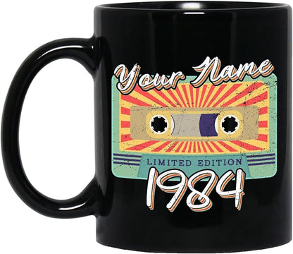 Personalized Vintage Cassette Tape Vintage 1984 Mug, Custom Your Name, 1984 Retro Coffee Mug, 38th Birthday Present Gifts, 1984 Birthday Gift For Friends Family, Customizable Black Tea Cups