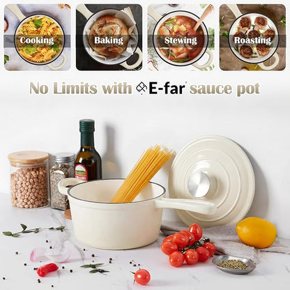 E-far 1Qt & 2Qt Sauce Pan Set, Enameled Cast Iron Saucepans Pot with Self-basting Lids, Heavy Duty Small Dutch Oven for Stove, Induction-Ready & Easy Clean, Cream