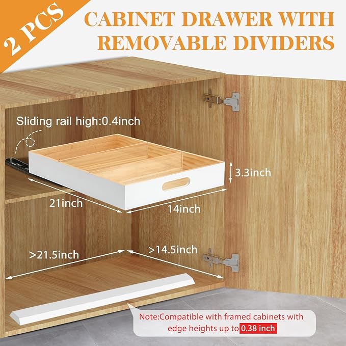 CroBlissful 2 PCS Wood Pull Out Cabinet Organizers with Removable Dividers, 14''W x 21''D Nail-free Wood Sliding Drawers with Adhesive Tape, Roll Out Shelves for Kitchen, Pantry, Office (White)