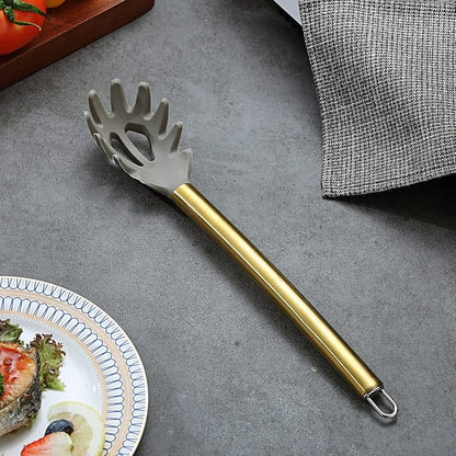 Gold Spaghetti Spoon, Berglander Non-stick Silicone Pasta Server With Titanium Gold Plating Handle, Spaghetti Server For Cooking, Pasta Fork, Noddle Fork, Dishwasher Safe, Easy to Clean