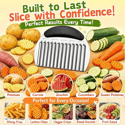 JAYVAR Large Crinkle Cutter French Fry Cutter, Large Crinkle Potato Slicer Wavy Chopper, Stainless Steel Wavy Slicer Crinkle Cutting Chopping Tools with Handle for Carrot Vegetable