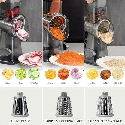 Cheese Grater Hand Crank Rotary Vegetables Shredder with Handle, 3-in-1 Graters with Interchangeable Blades and Non-slip Base Multifunctional Slicer for Kitchen