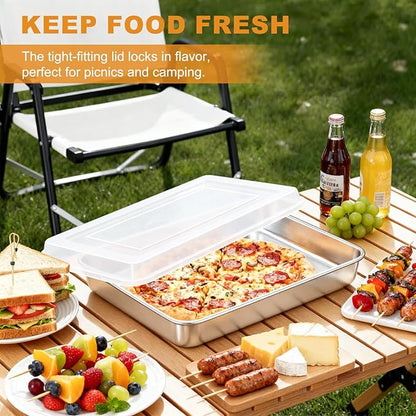 Stainless Steel Baking Pan with Lid, 12⅓ x 9¾ x 2 Inch Deep Rectangle Cake Pans with Cover for Cakes, Brownies, Cookies, Deep Side & Heavy Duty,Dishwasher & Fridge & Oven Safe(2 Pans + 2 Lids)