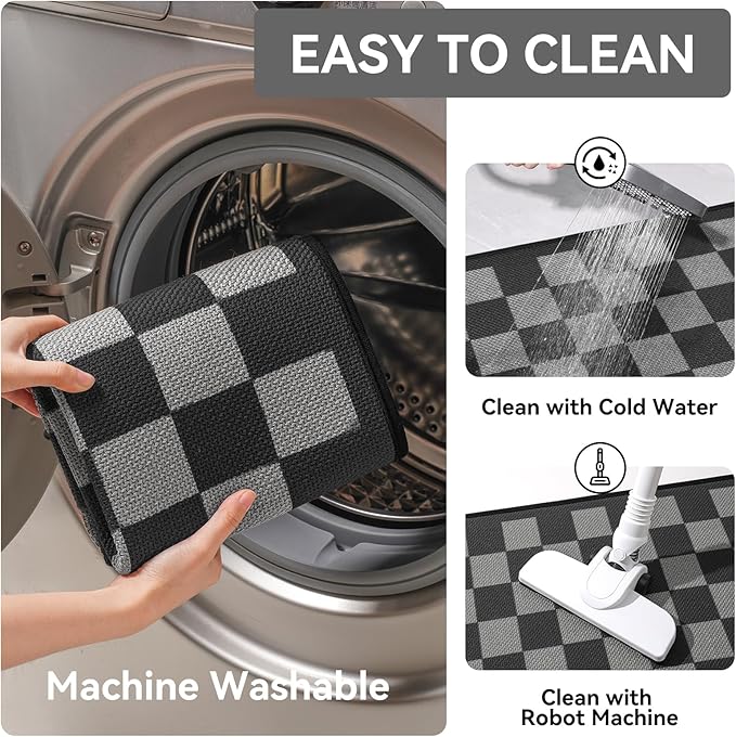 YDKGL Kitchen Runner Rugs Non Slip Washable, Super Absorbent Kitchen Mats for Floor, Linen-Look Woven Sink Mat Standing Mat, Easy Clean, Black Gray Checkered 17"x59"