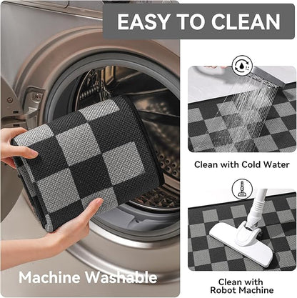 YDKGL Kitchen Mats for Floor Kitchen Rugs Non Slip Washable, Super Absorbent Linen-Look Woven Runner Rug, Kitchen Sink Mat Standing Mat, Black Gray Checkered 17"x47"