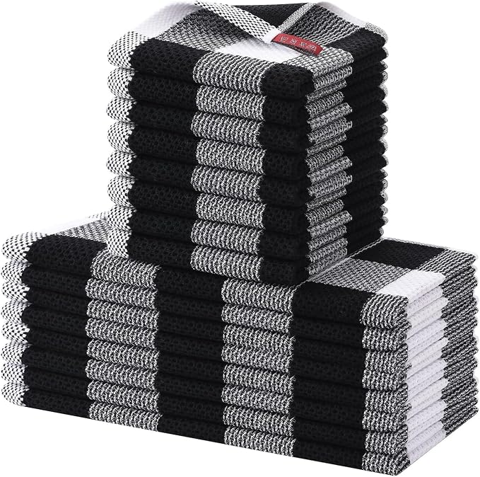 Homaxy Kitchen Towels and Dishcloths Set, 12 x 12 and 13 x 28 Inches, Set of 16 100% Cotton Waffle Weave Check Plaid Kitchen Dish Towels, Super Soft and Absorbent Dish Cloths, White & Black