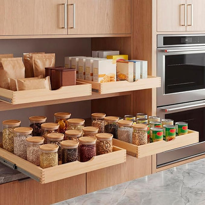 Menkxi 2 Set Wooden Pull out Cabinet Organizer Fully Assembled Slide out Pantry Drawer with Gentle Close Storage Shelf Tray for Base Kitchen Under Sink Bathroom Accessory(Wood Color,30'' X 21'' X 3")
