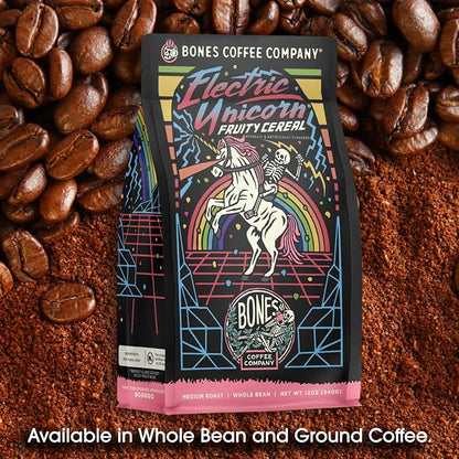 Bones Coffee Company Electric Unicorn, Fruity Cereal With Milk Flavored Coffee, Medium Roast Low Acid Arabica Beans Compatible with Auto drip and French Press Coffee Maker, 12 Oz Ground