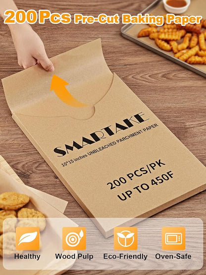 SMARTAKE 200 Pcs Parchment Paper Baking Sheets, 10x15 Inches Non-Stick Precut Baking Parchment, for Baking Grilling Steaming Bread Cup Cake Cookie and More (Unbleached)