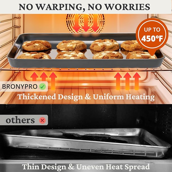 BRONYPRO Stainless Steel Baking Sheet with Wire Rack Pan (3 Pans + 3 Racks), Cookie Sheets 9/12/16 In, Non-Toxic (PFOA & PTFE Free), Solid Warp-Resistant Cooking Trays for Oven & Toaster, Gray
