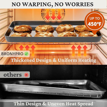 BRONYPRO Stainless Steel Baking Sheet with Wire Rack Pan (3 Pans + 3 Racks), Cookie Sheets 9/12/16 In, Non-Toxic (PFOA & PTFE Free), Solid Warp-Resistant Cooking Trays for Oven & Toaster, Gray