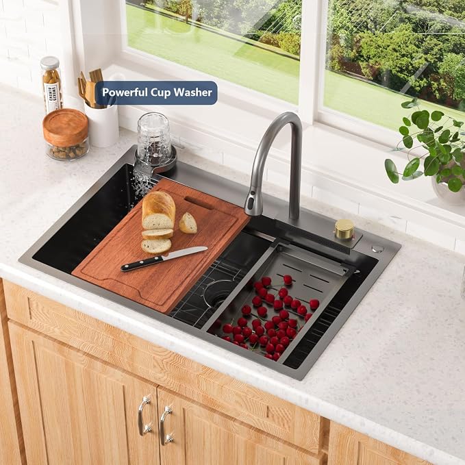 Lordear 33 Inch Black Drop In Kitchen Sink Waterfall T304 16 Gauge Stainless Steel Single Bowl Workstation Ledged Functional Large Kitchen Sinks 33x22x10 Inch