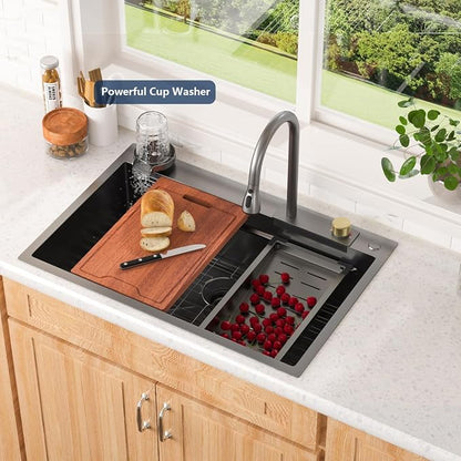 Lordear 33 Inch Black Drop In Kitchen Sink Waterfall T304 16 Gauge Stainless Steel Single Bowl Workstation Ledged Functional Large Kitchen Sinks 33x22x10 Inch