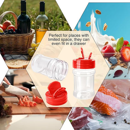 30 Pcs 2 oz Mini Plastic Spice Jars with Sifters Clear Empty Spice Bottles Round Seasoning Containers for Travel Kitchen (Red Top with 2 Side Hole)