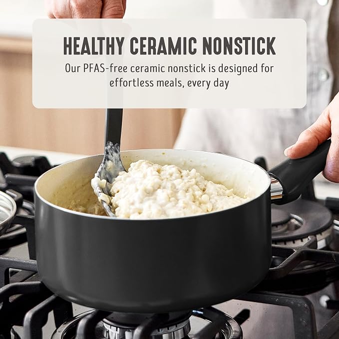 GreenLife 2 Quart Nonstick Saucepan with Lid, Non-Toxic Ceramic Pot, Dishwasher Safe, Stay-Cool Handle, Induction Ready, Fast Heating, PFAS Free, Easy Clean, Graphite Black