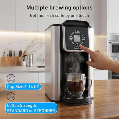Jesslyn Single Serve Coffee Maker for K Cup Pods and Ground Coffee, 3-in-1 Coffee & Tea Brewer with 6-14 oz Brew Sizes, Compact Coffee Machine for Office, Apartment & Dorm, Gray
