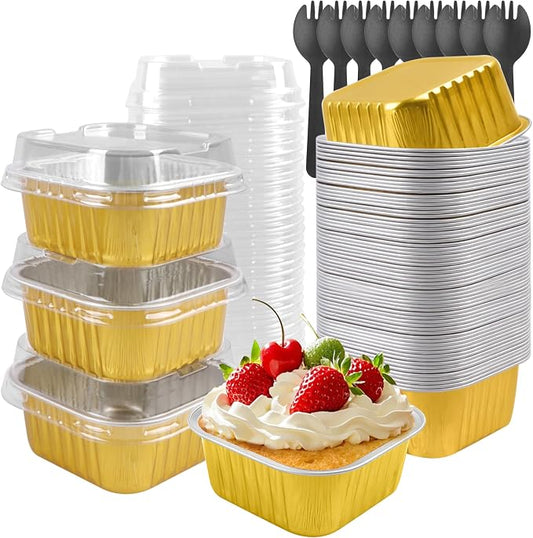 50 Pack 5oz Square Mini Cake Pans with Lids and Spoons,Aluminum Foil Baking Cups,Disposable Mini Loaf Pans Ramekins for Brownie, Cheesecake, Mousse & Wedding Party Favors-Gold