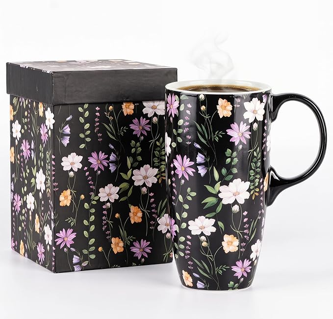 Topadorn 17oz Black Wildflower Ceramic Travel Mug with Lid, Dark Floral Coffee Cup, Microwave & Dishwasher Safe, Gift Box Included