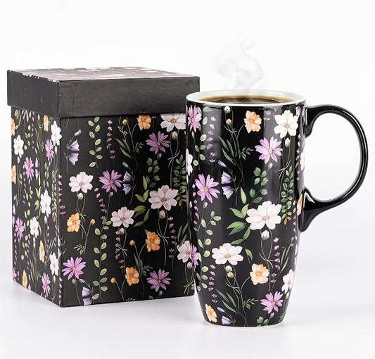 Topadorn 17oz Black Wildflower Ceramic Travel Mug with Lid, Dark Floral Coffee Cup, Microwave & Dishwasher Safe, Gift Box Included