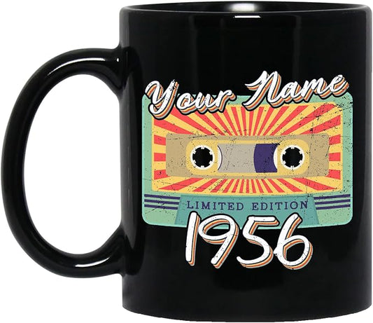 Personalized Vintage Cassette Tape Vintage 1956 Mug, Custom Your Name, 1956 Retro Coffee Mug, 66th Birthday Present Gifts, 1956 Birthday Gift For Friends Family, Customizable Black Tea Cups