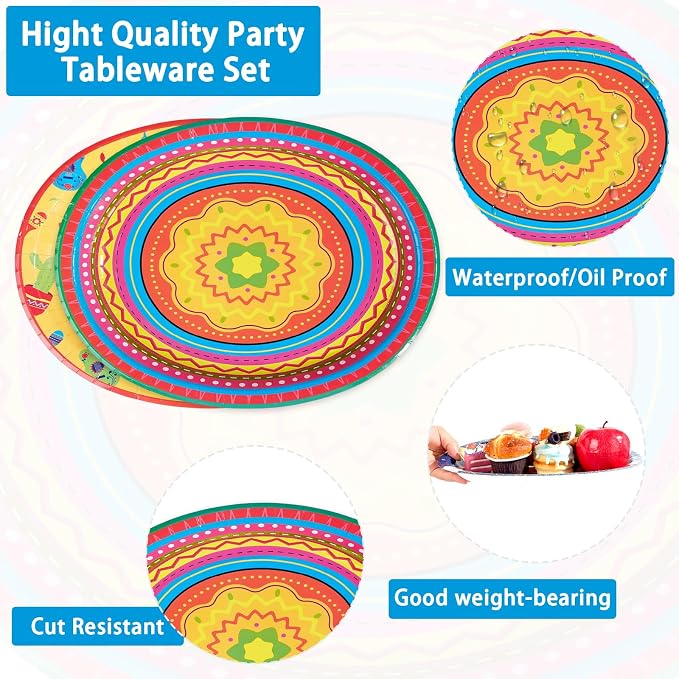 50Pcs Mexican Fiesta Oval Paper Plates 10" x 12" Large Heavy Duty Taco Carnival Disposable Plates Mexican Theme Cinco de Mayo Dessert Platters for Taco Tuesday Birthday Party Supplies Decor