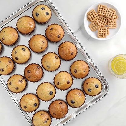 LIANYU 2 Pack Cookie Sheets for Baking, Stainless Steel Baking Tray Pan, 16x12 Inch Jelly Roll Pan for Oven, Healthy Metal Tray for Home Bakery Hotel Restaurant, Heavy Duty & Dishwasher Safe