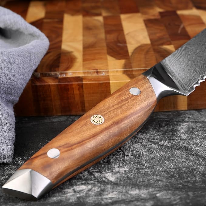 XITUO 8-Inch Serrated Bread Knife – Damascus Steel Blade with Olive Wood Handle, Ultra Sharp Kitchen Slicer for Soft Bread, Pastries & Tomatoes, Ideal Gift for Chef Dad