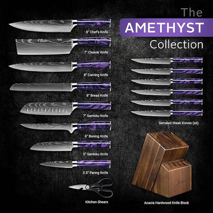 SENKEN 16-Piece Knife Block Set - Japanese High Carbon Stainless Steel with Damascus Pattern, Purple Resin Handles, 6 Steak Knives & Acacia Hardwood Block (Purple)