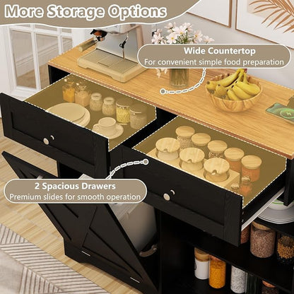 Giantex Kitchen Island with Tilt Out Trash Can Cabinet 10 Gallon, Power Outlet, 2 Drawers, Adjustable Shelves, Hidden Storage Garbage Bin Cabinet for Dining Room Laundry Room (Black+Walnut)