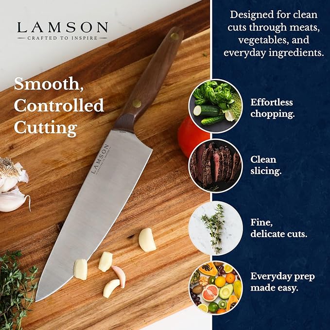 Lamson Vintage 8" Chef's Knife, Hi-Carbon Stainless Steel Blade, Double Riveted for Balance, Ideal for Dicing, Slicing & Chopping, Kitchen Knives - Walnut Handle
