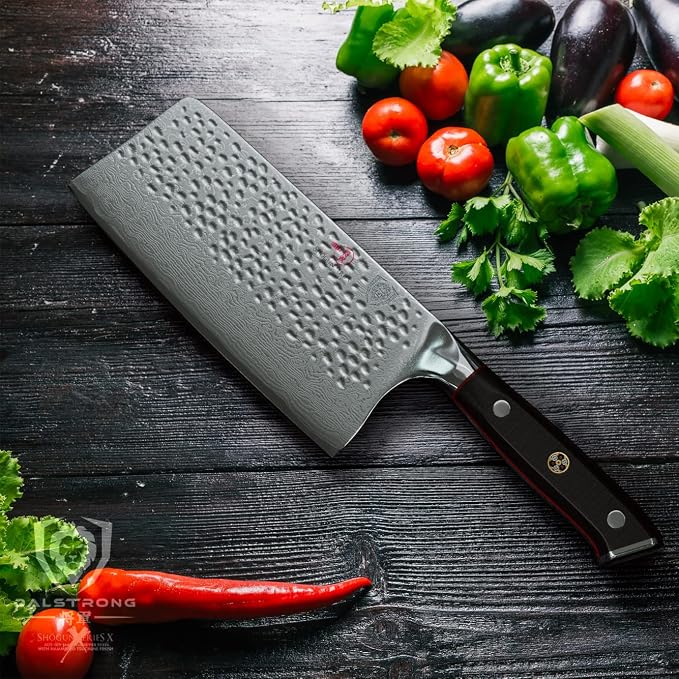 Dalstrong Meat Cleaver Knife - 7" - Shogun Series ELITE - Razor Sharp - Japanese Super Steel - Damascus Knife - Hammered Finish - Heavy Duty Gift Cooking Knife - w/Sheath