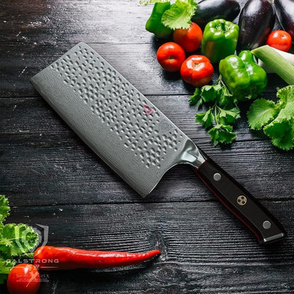 Dalstrong Meat Cleaver Knife - 7" - Shogun Series ELITE - Razor Sharp - Japanese Super Steel - Damascus Knife - Hammered Finish - Heavy Duty Gift Cooking Knife - w/Sheath
