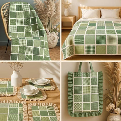 Cotton Satin Patchwork Fabric Panel – 35 Designs, 20×20 cm Squares, Single Piece 150×110 cm, Green Patchwork Quilt Fabric (Olive Garden Patchwork Set, 35pcs 8x8 inch)