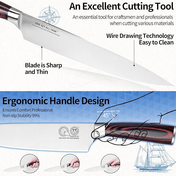 XYJ Authentic Since 1986, Knife Block Set, Kitchen Knives Set With Holder, Scissors, Professional Japanese Chef Knife Set, Paring Bread Carving Slicing Knife, Steak Knives