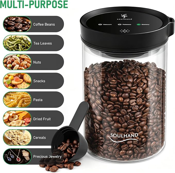 SOUL HAND Coffee Vacuum Canister, 1.6L Electric Auto Vacuum Seal Lid with Touch Screen, Airtight Glass Storage Jar for Coffee Bean Grounds & Food, 17oz