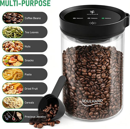 SOUL HAND Coffee Vacuum Canister, 1.6L Electric Auto Vacuum Seal Lid with Touch Screen, Airtight Glass Storage Jar for Coffee Bean Grounds & Food, 17oz