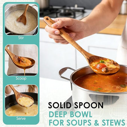 HOWHONG Wooden Cooking Spoon, Long Handle Acacia Wood Spoon for Cooking, Deep Solid Spoon for Soup, Sauce and Stirring, Smooth Finish, Nonstick Cookware Safe, Bare Wood Feel for Daily Kitchen Use